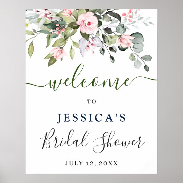 Elegant Eucalyptus Blush Roses Bridal Shower Poster (Front)