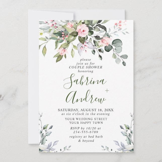 Elegant Eucalyptus Blush Roses COUPLE SHOWER Invitation (Front)