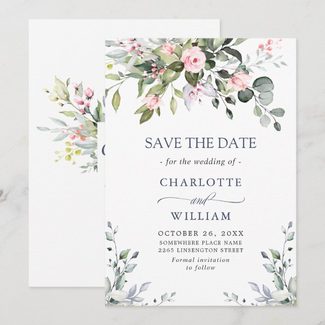Elegant Eucalyptus Blush Roses Floral Wedding Save The Date (Front/Back)