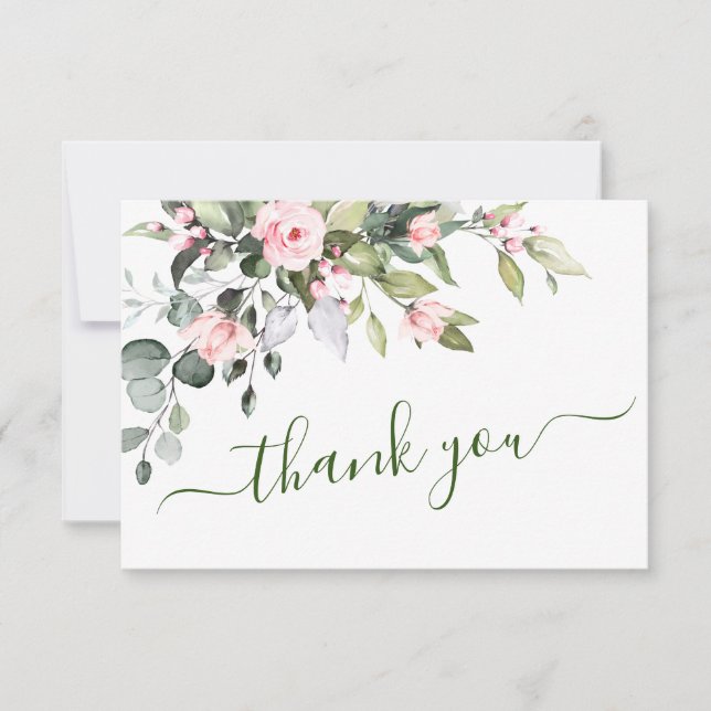 Elegant Eucalyptus Blush Roses Floral Wedding Thank You Card (Front)