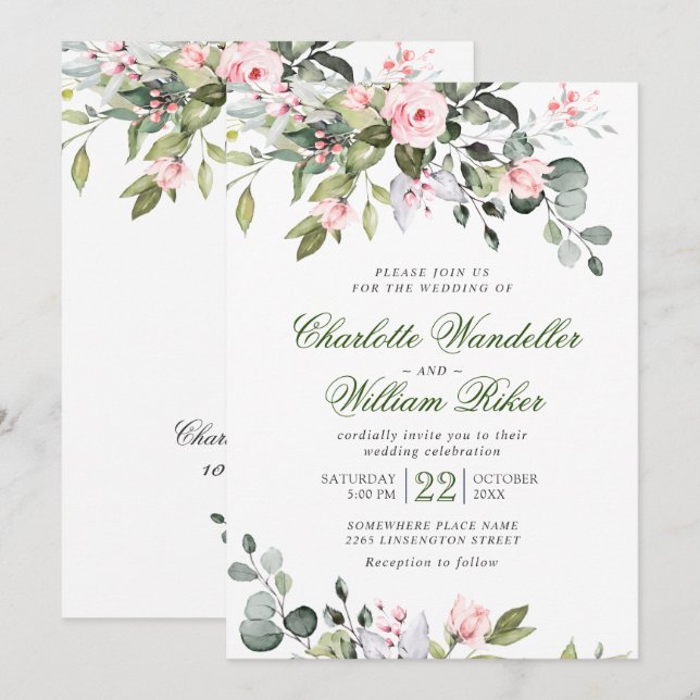 Elegant Eucalyptus Blush Roses Greenery Wedding Invitation (Front/Back)
