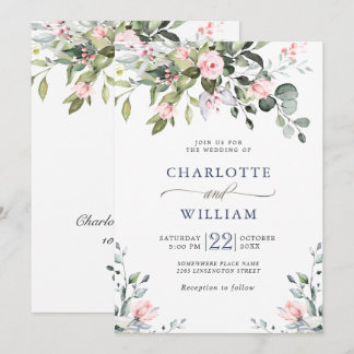 Elegant Eucalyptus Blush Roses Greenery Wedding Invitation
