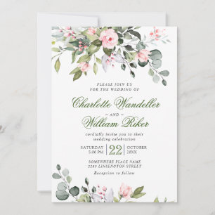 Elegant Eucalyptus Blush Roses Greenery Wedding Invitation