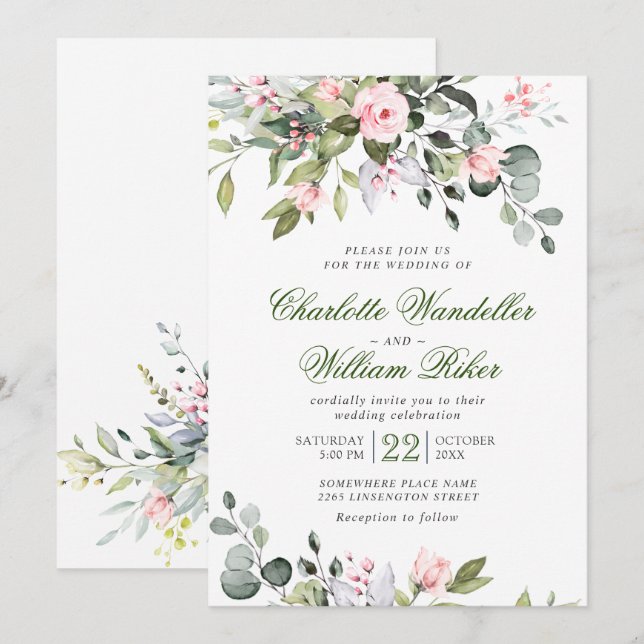 Elegant Eucalyptus Blush Roses Greenery Wedding Invitation (Front/Back)