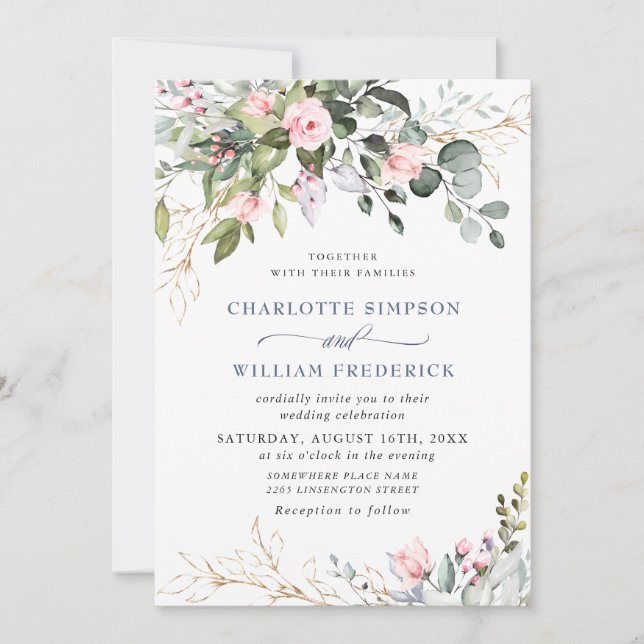 Elegant Eucalyptus Blush Roses Greenery Wedding Invitation (Front)