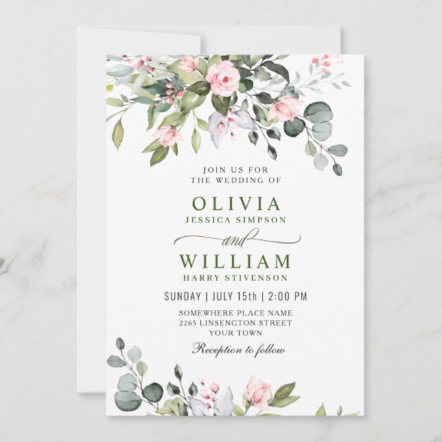 Elegant Eucalyptus Blush Roses Greenery Wedding Invitation (Front)
