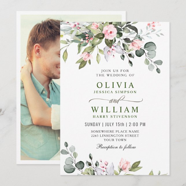 Elegant Eucalyptus Blush Roses Greenery Wedding Invitation (Front/Back)