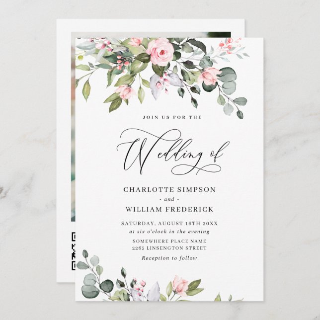 Elegant Eucalyptus Blush Roses QR code Wedding Invitation (Front/Back)