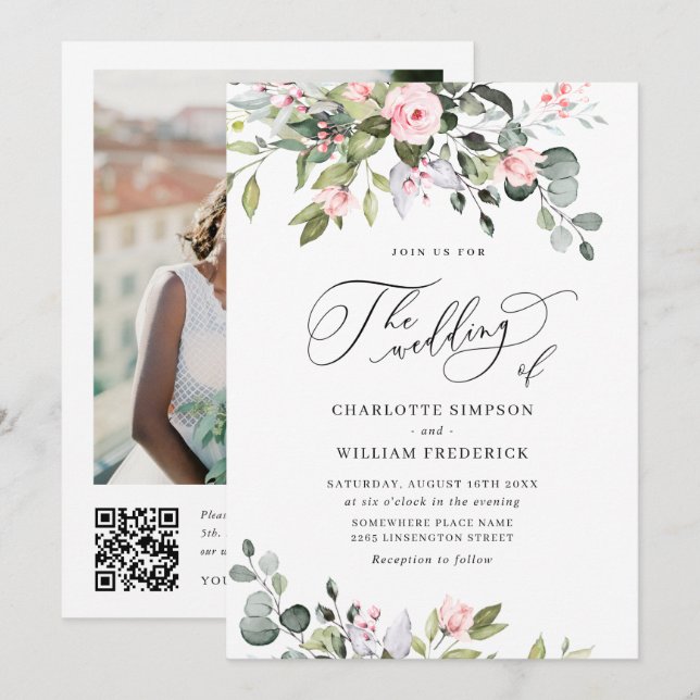 Elegant Eucalyptus Blush Roses QR code Wedding Invitation (Front/Back)