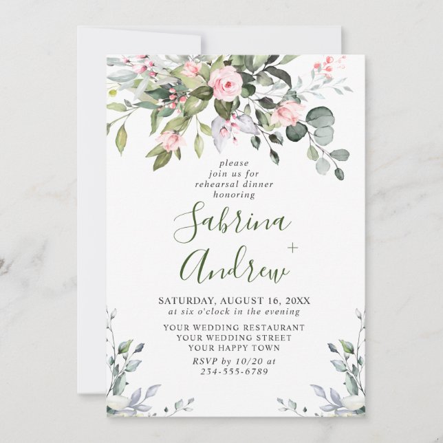 Elegant Eucalyptus Blush Roses REHEARSAL DINNER Invitation (Front)