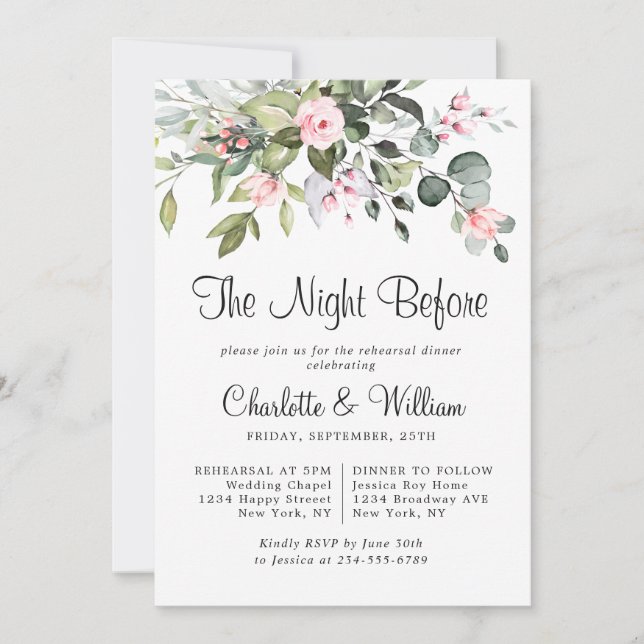 Elegant Eucalyptus Blush Roses REHEARSAL DINNER Invitation (Front)