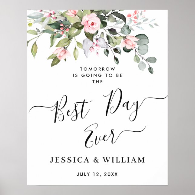 Elegant Eucalyptus Blush Roses Rehearsal Dinner Po Poster (Front)