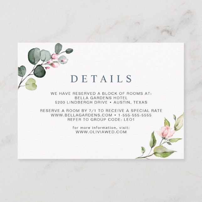 Elegant Eucalyptus Blush Roses Wedding Details Enc Enclosure Card (Front)