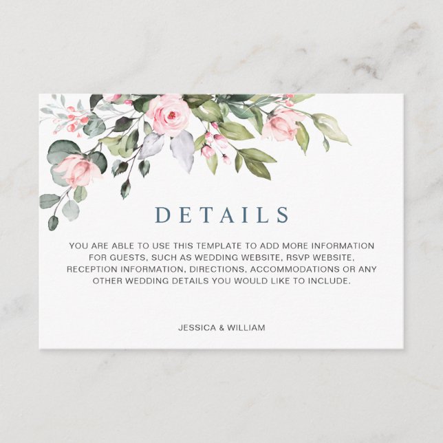 Elegant Eucalyptus Blush Roses Wedding Details Enclosure Card (Front)