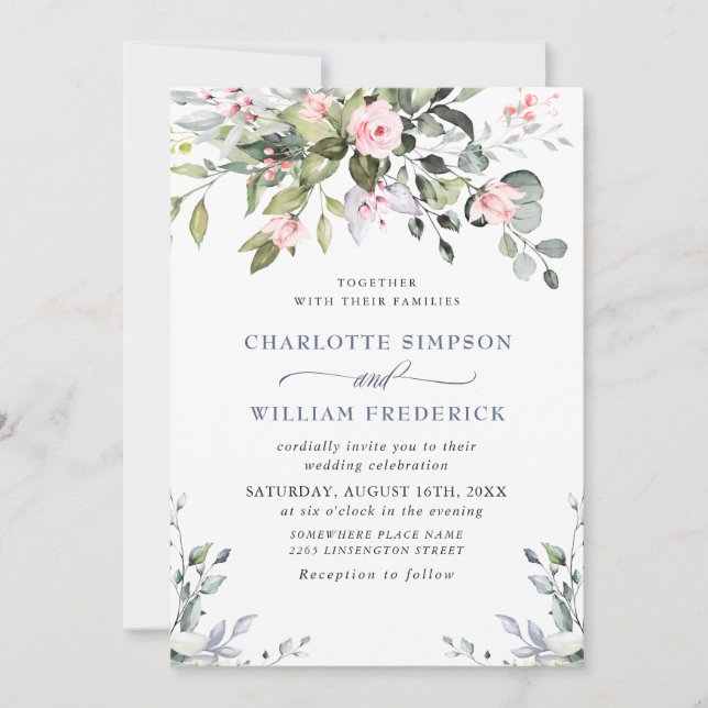 Elegant Eucalyptus Blush Roses Wedding Invitation (Front)