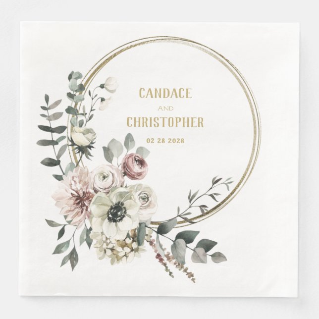 Elegant Eucalyptus Blush White Floral Gold Frame  Napkin (Front)