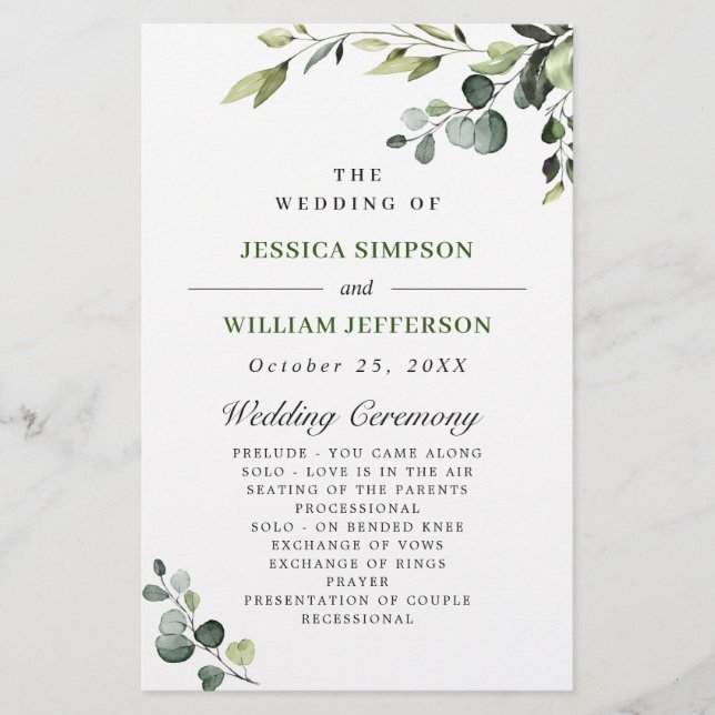 Elegant Eucalyptus Boho Wedding Ceremony Program (Front)