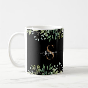 Elegant Eucalyptus Botanical Gold Monogram Script Coffee Mug