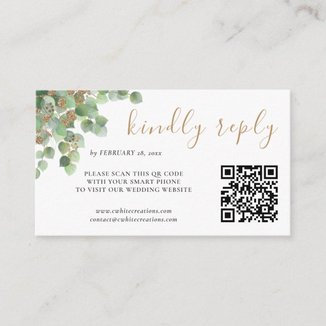 Elegant Eucalyptus Botanical Greenery Gold RSVP QR Enclosure Card (Front)