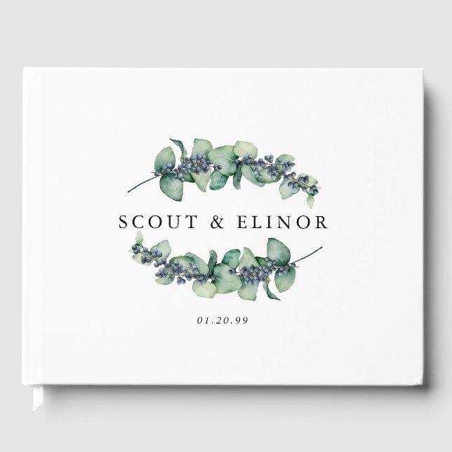 Elegant Eucalyptus Botanical Personalised Wedding Guest Book (Front)