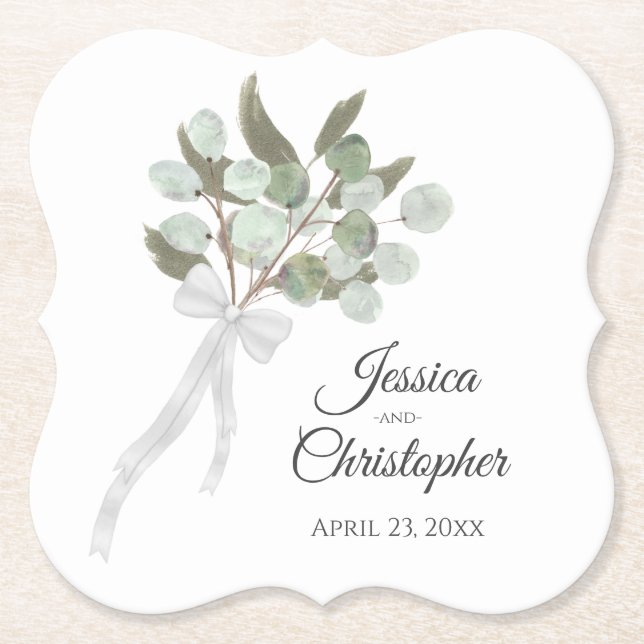 Elegant Eucalyptus Bouquet Boho Watercolor Wedding Paper Coaster (Front)
