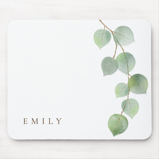 Elegant Eucalyptus Branch Feminine Name Mouse Mat (Front)