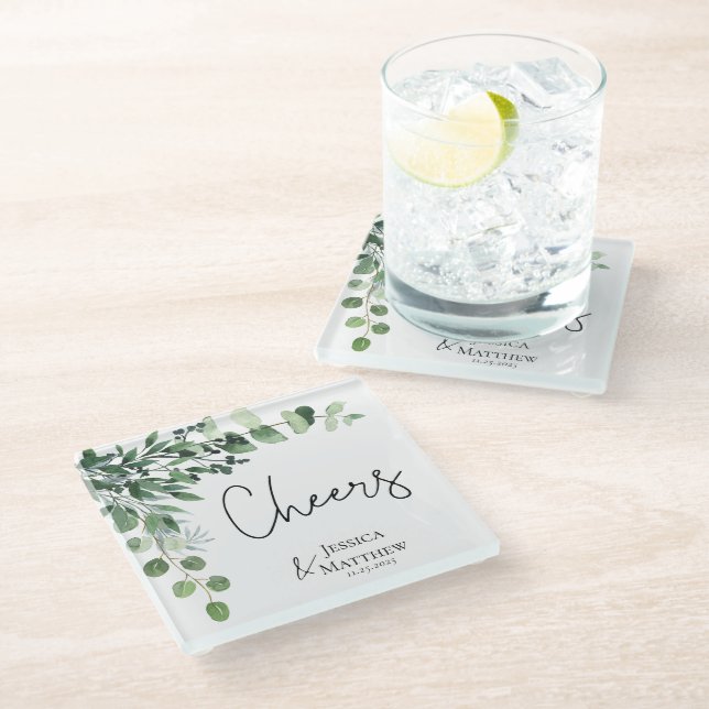 Elegant Eucalyptus Bridal Party Wedding Gift Glass Coaster (Angled)