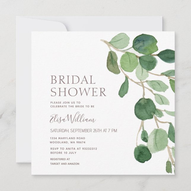 Elegant Eucalyptus Bridal Shower  Invitation (Front)