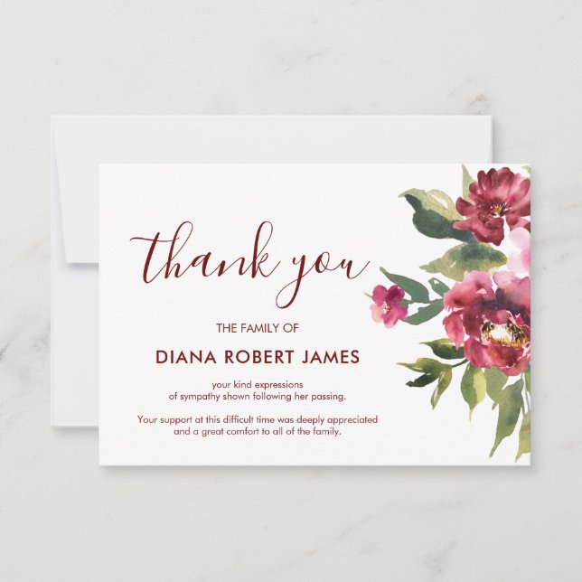 Elegant Eucalyptus Burgundy Typography Sympathy Thank You Card (Front)