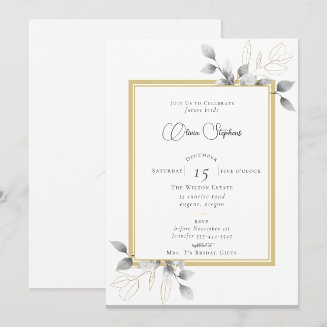 Elegant Eucalyptus Calligraphy Gold Bridal Shower Invitation (Front/Back)