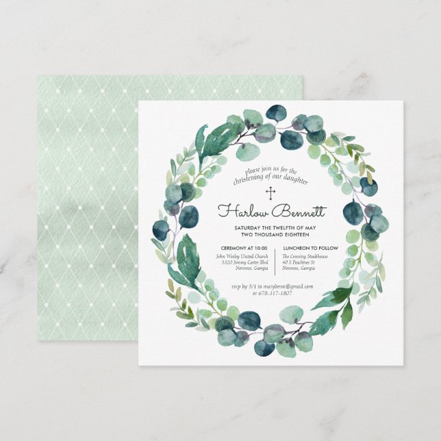 Elegant Eucalyptus Christening Invitation (Front/Back)