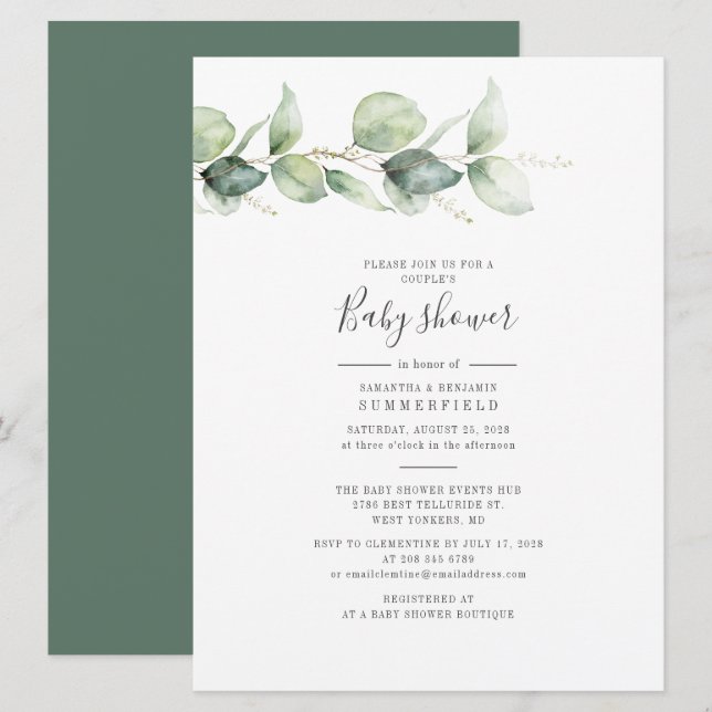 Elegant Eucalyptus Couples Baby Shower Greenery Invitation (Front/Back)