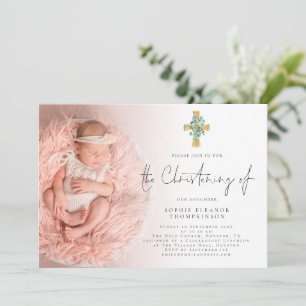 Elegant Eucalyptus Cross Photo Christening  Invitation