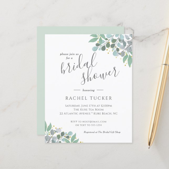 Elegant Eucalyptus Dusty Blue Bridal Shower Invite (Front/Back In Situ)