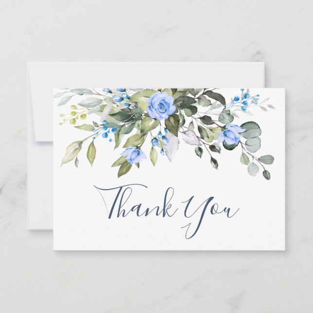 Elegant Eucalyptus Dusty Blue Roses Greenery Boho Thank You Card (Front)