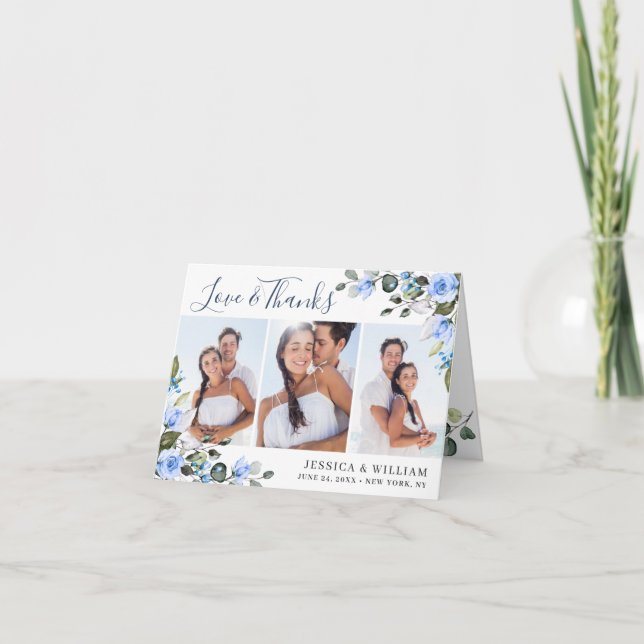 Elegant Eucalyptus Dusty Blue Roses Simple 3 PHOTO Thank You Card (Front)