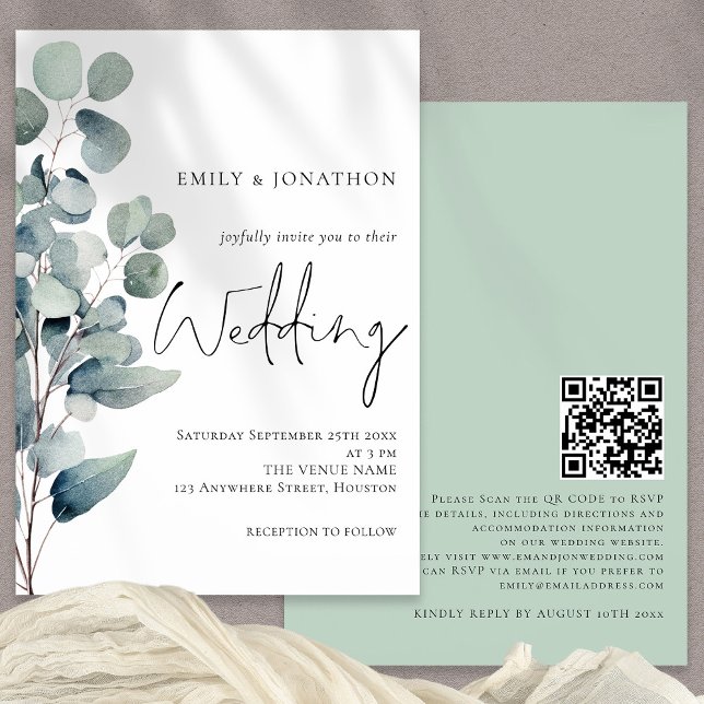 Elegant Eucalyptus Elegant Script Sage Wedding Invitation (Front and back view)