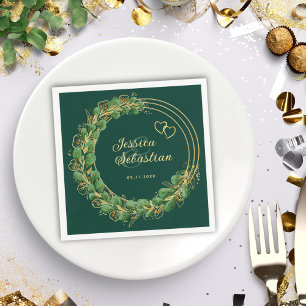 Elegant Eucalyptus Emerald Green and Gold Wedding Napkin