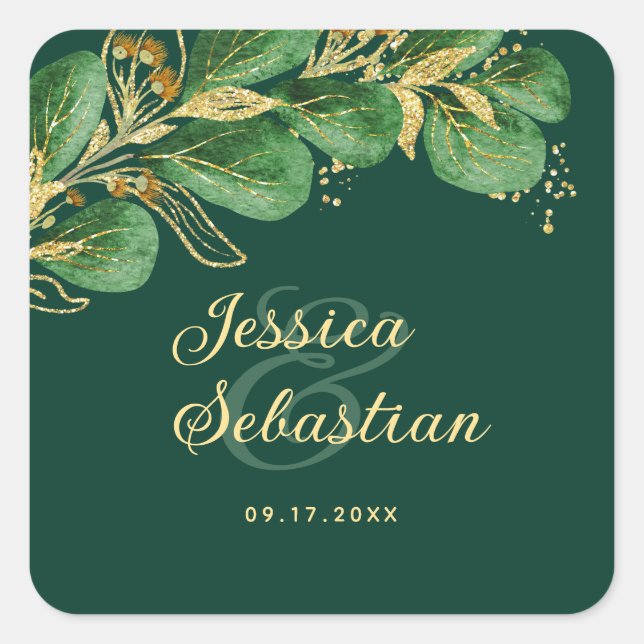Elegant Eucalyptus Emerald Green and Gold Wedding Square Sticker (Front)
