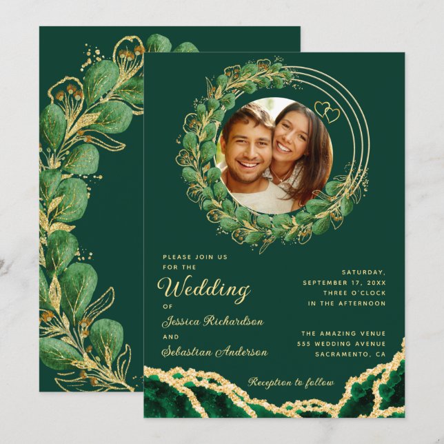 Elegant Eucalyptus Emerald Green Wedding Photo Invitation (Front/Back)