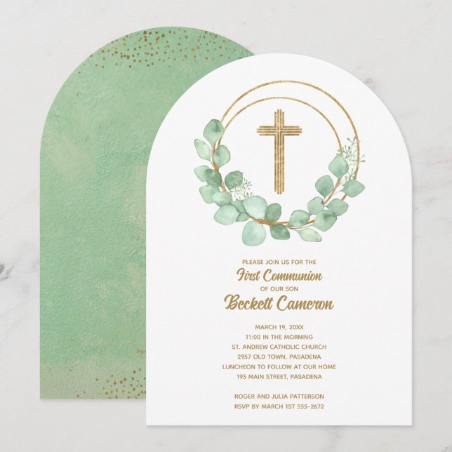 Elegant Eucalyptus First Communion Invitation (Front/Back)