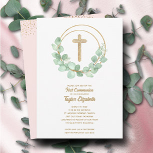 Elegant Eucalyptus First Communion Pink Invitation