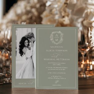 Elegant Eucalyptus Floral Crest Photo Wedding Invitation