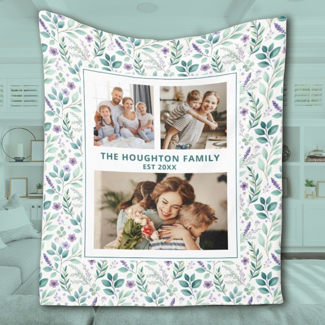 Elegant Eucalyptus Floral Family Photo Collage Fleece Blanket (Pretty family photo blanket with a eucalyptus floral background. Personalize it with 3 photos & name)