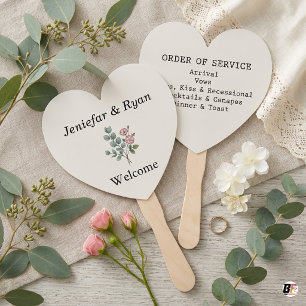 Elegant Eucalyptus Floral Heart Wedding Program Hand Fan