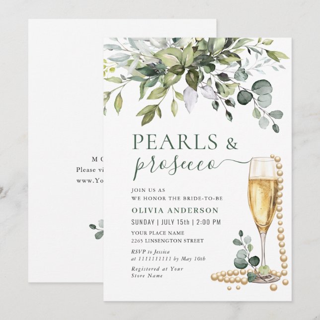 Elegant Eucalyptus Floral PEARLS & Prosecco Invitation (Front/Back)