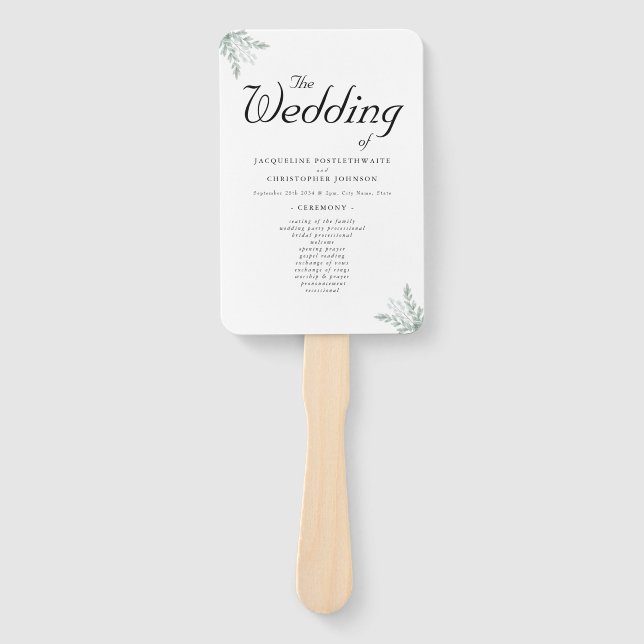 Elegant Eucalyptus Floral Wedding Ceremony Program Hand Fan (Front)