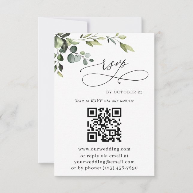 Elegant Eucalyptus Floral Wedding QR Code RSVP Card (Front)
