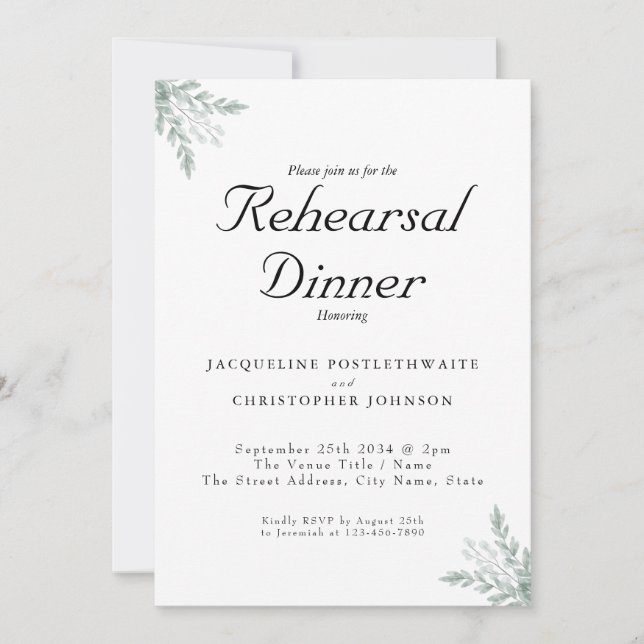 Elegant Eucalyptus Floral Wedding Rehearsal Dinner Invitation (Front)