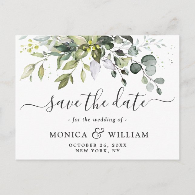Elegant Eucalyptus Floral Wedding Save the Date Announcement Postcard (Front)